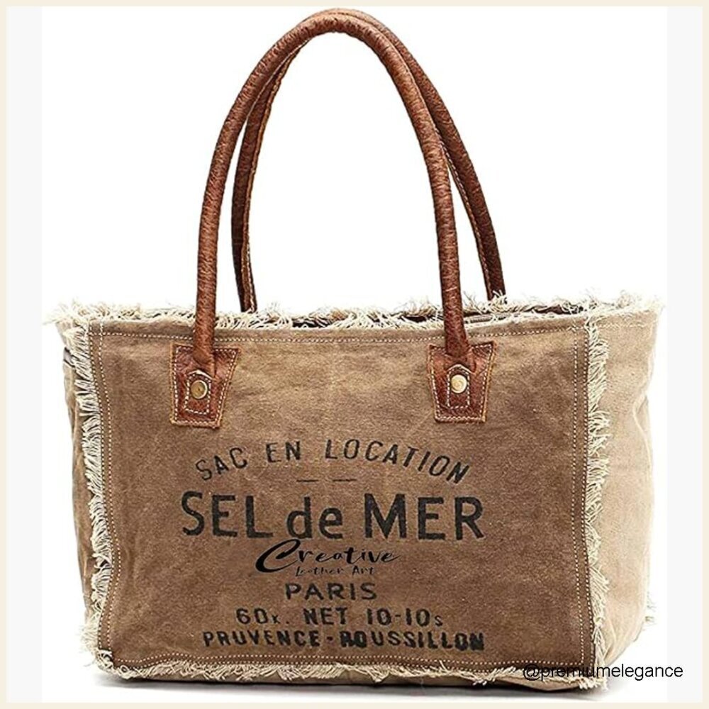 Canvas Tote Bag with Leather Handles, Spacious 44L Capacity, Zipper Closure